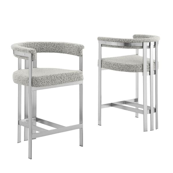 Best Quality Furniture Reba 26 in. Rich Grey Color Low Back Metal Frame Matte Brushed Chrome Base Counter Stool With Boucle Fabric Set of 2