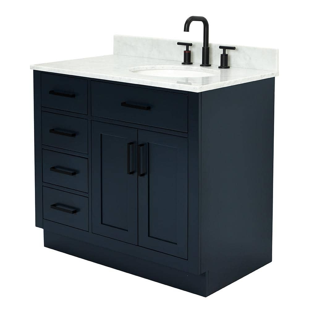 Midnight Blue 37" Freestanding Vanity with White Marble Top