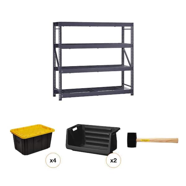 4-Shelf Metal Industrial Shelving Unit (77 in. W x 72 in. H x 24 in. D) with 55 Gal. and 27 Gal. Storage Bins and Mallet