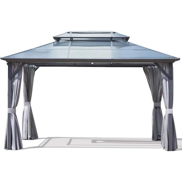 Zeus & Ruta 10 ft. x 13 ft. Gray Aluminum Outdoor Hardtop Gazebo with Double-Tier Polycarbonate Roof, Gazebo with Netting, Curtain