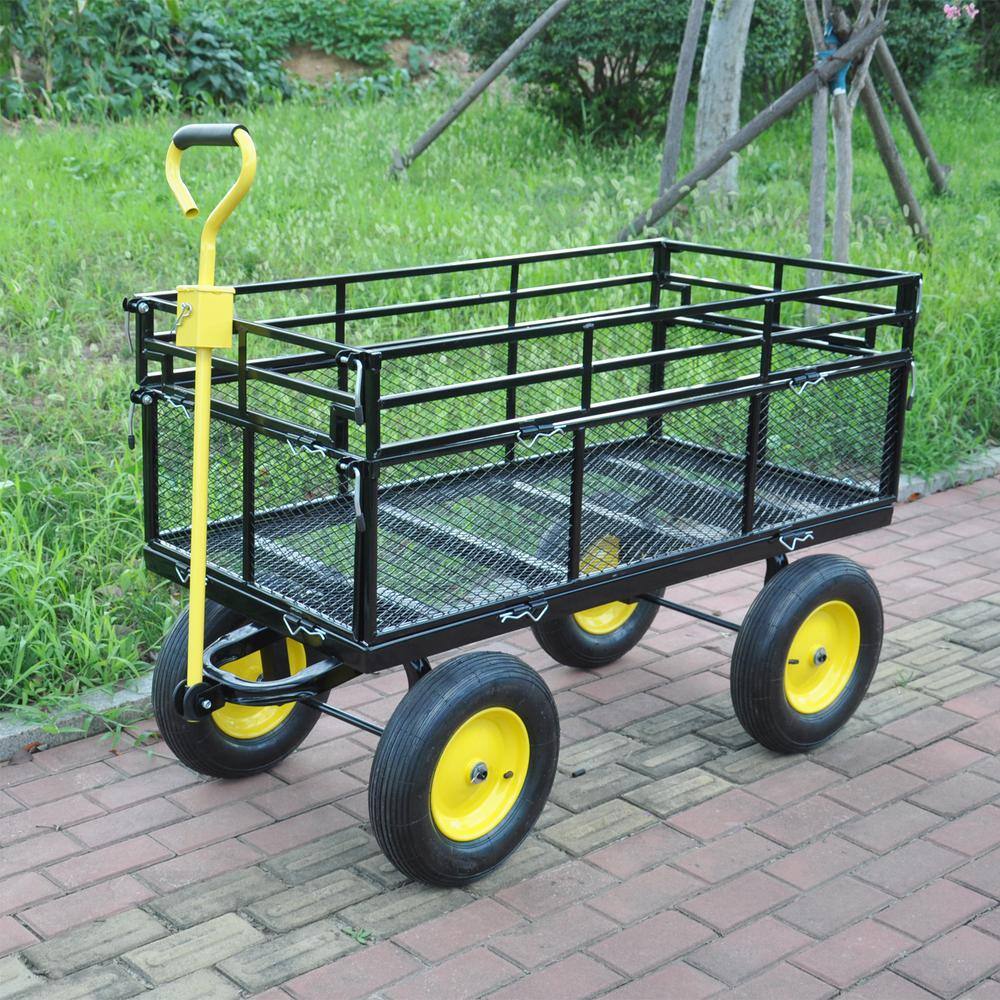 Large Black and Yellow Metal Garden Cart with Pneumatic Tires