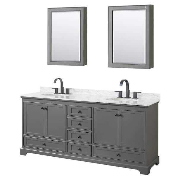 Wyndham Collection Deborah 80 in. W x 22 in. D x 35 in. H Double Bath Vanity in Dark Gray with White Carrara Marble Top and Med Cab Mirrors
