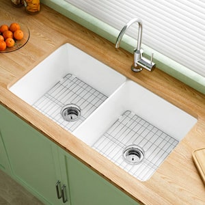 32 in. Undermount Kitchen Sink Double Bowl White Fireclay Kitchen Sink Drop In with Custom Bottom Grid and Sink Strainer