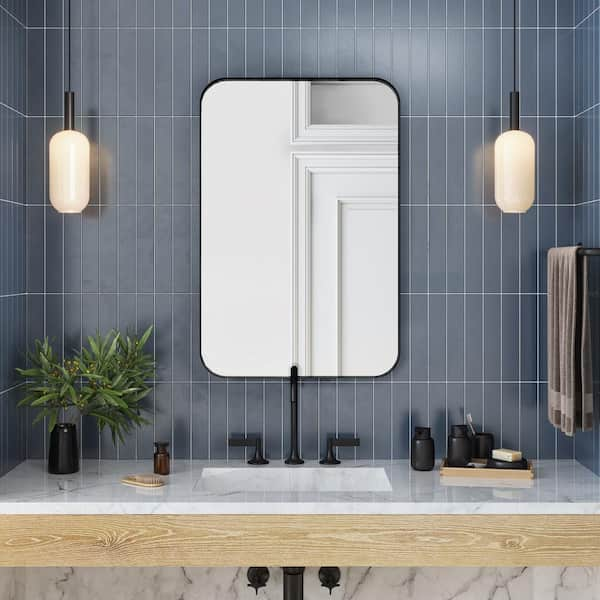 30 in. x 40 in. Metal Framed Rounded Rectangle Bathroom Vanity Mirror in Black