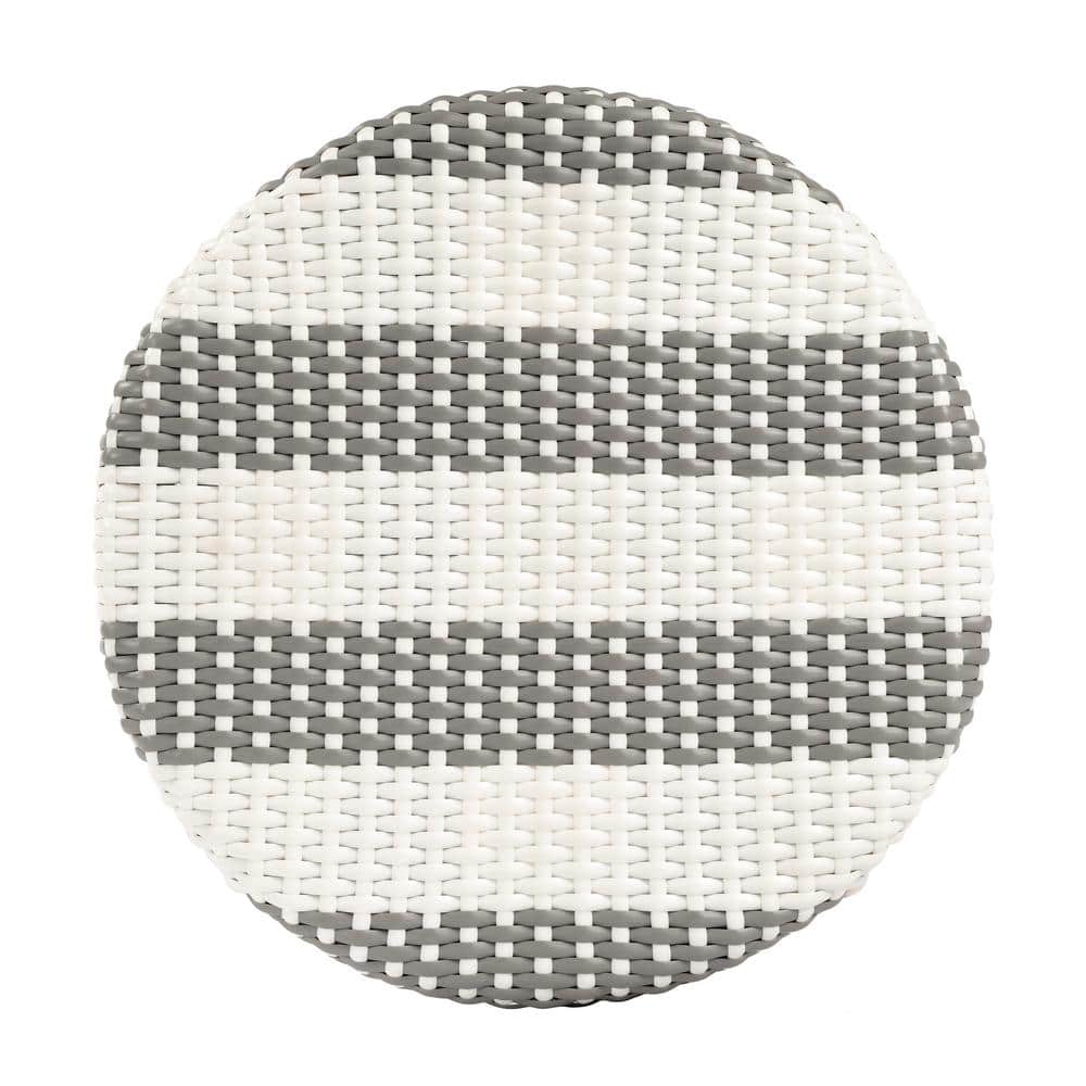 Damask Grey Striped 30" Round Rattan Coastal Bar Stool