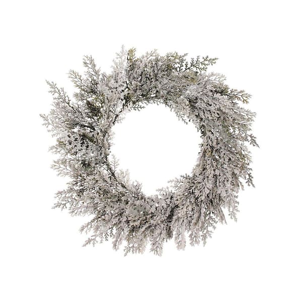 24" White Artificial Frosted Cedar Wreath