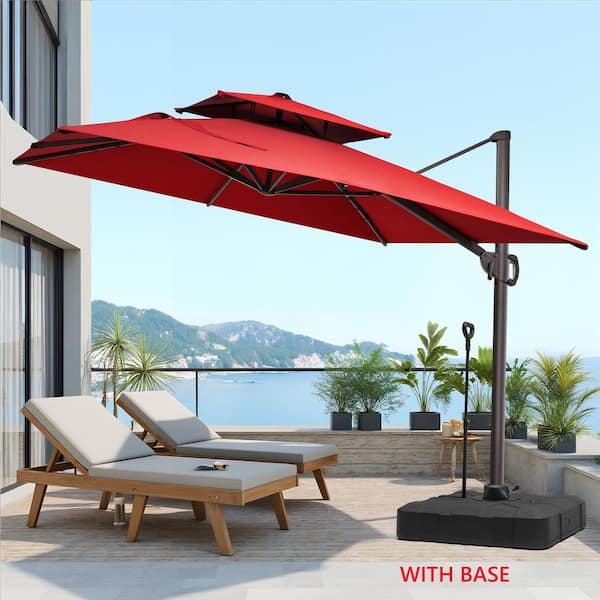 Double Top 11.5 ft. x 9 ft. Aluminum 360° Rotation Cantilever Patio Umbrella in Red with Wheeled, Pull Rod Base