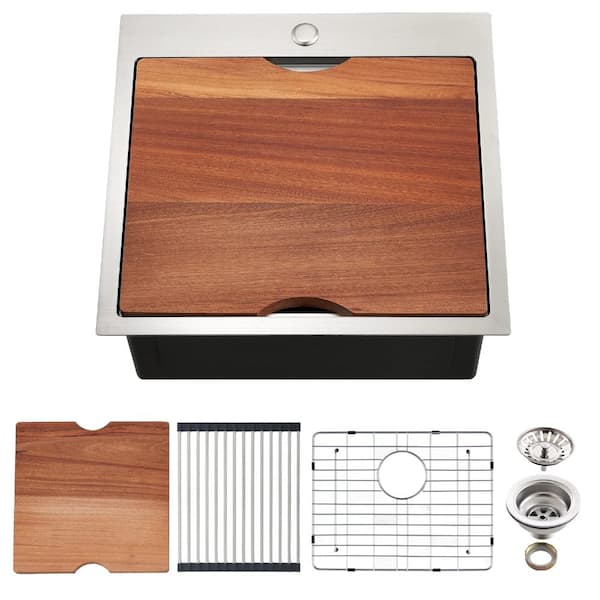 21 in. Drop-In Single Bowl 16-Gauge Stainless Steel Workstation Kitchen Sink with Accessories, 10 in. Deep