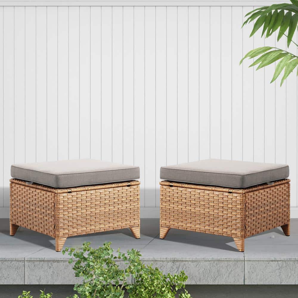 Carolina Wicker Outdoor Ottoman with Beige Cushions