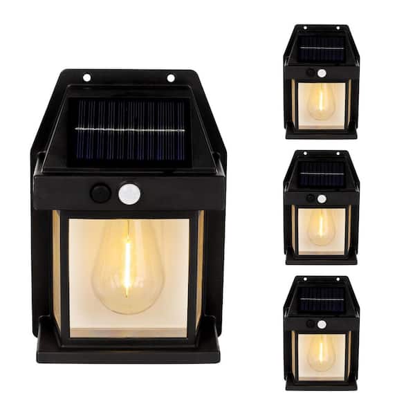 TECHKO 150 Lumen Motion Sensing LED Outdoor Solar Single Edison Bulb Wall or Fence Light in Matte Black (4-Pack)