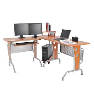 65 in. Wood Grain, Sliver Corner Computer Office L-Shaped Workstation with Elevated Shelf, Keyboard Tray and CPU Stand
