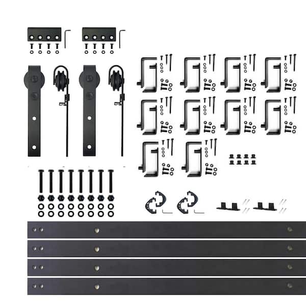 HOMACER 14 ft./168 in. Black Rustic Double Track Bypass U-Shape Sliding Barn Door Hardware Kit - Classic Design Roller