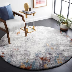 Berber Shag Blue Rust/Ivory 7 ft. x 7 ft. Distressed Round Area Rug