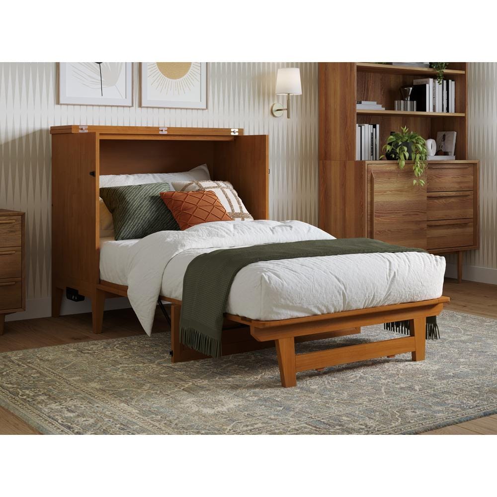 Santa Fe Light Toffee Twin Wood Murphy Bed Chest with Mattress and Charger