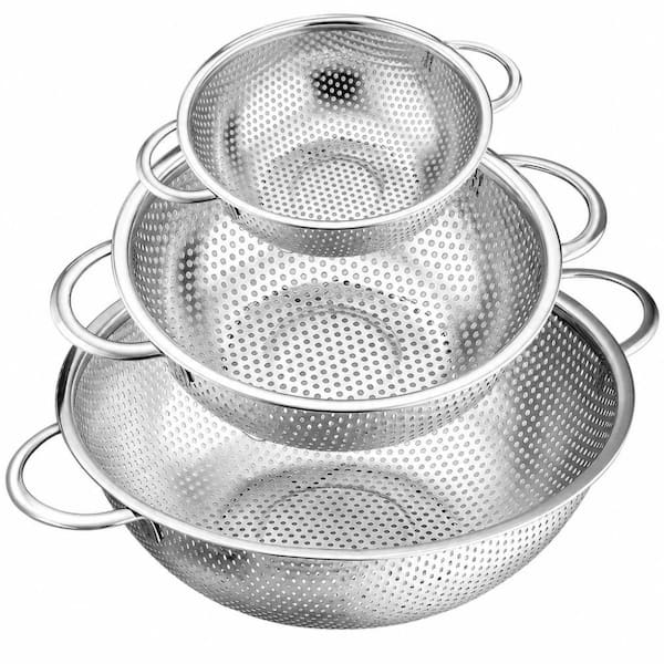 Food Grade Stainless Steel Perforated Colander Set with Welded D-Handles, Set of 3 (1-3-5 Quart) for Kitchen, Heavy Duty