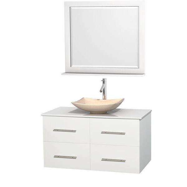 Wyndham Collection Centra 42 in. Vanity in White with Solid-Surface Vanity Top in White, Ivory Marble Sink and 36 in. Mirror