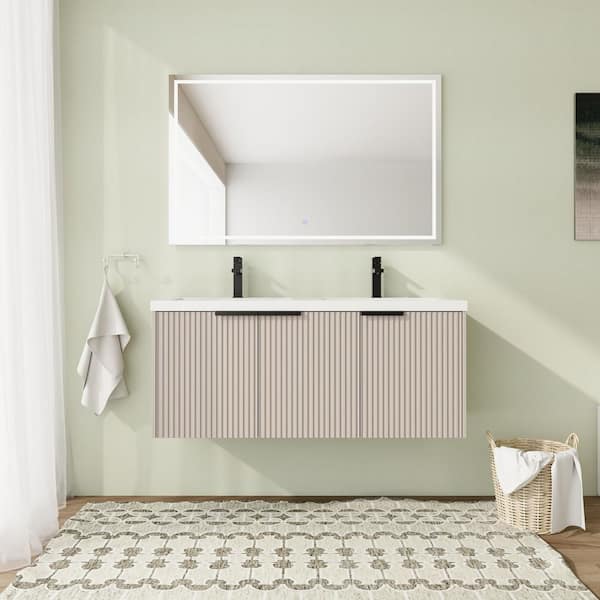 48 in. Wall-Mounted Double KHAKI Bath Vanity with White Resin Top Unassembled