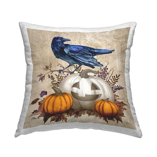 Stupell Industries Crow and Jack-o-Lantern Tan Square Outdoor Throw Pillow