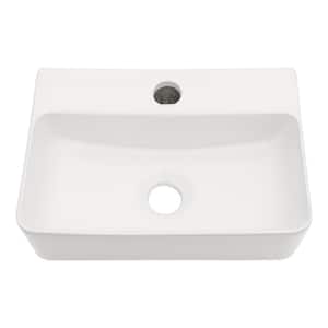 14 in. White Ceramic Rectangular Wall-Mounted Bath Vanity Vessel Sink Single Bowl Basin without Faucet and Pop-Up Drain
