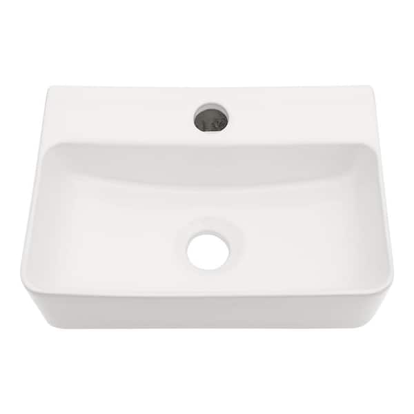 Sarlai 14 in. White Ceramic Rectangular Wall-Mounted Bath Vanity Vessel Sink Single Bowl Basin without Faucet and Pop-Up Drain