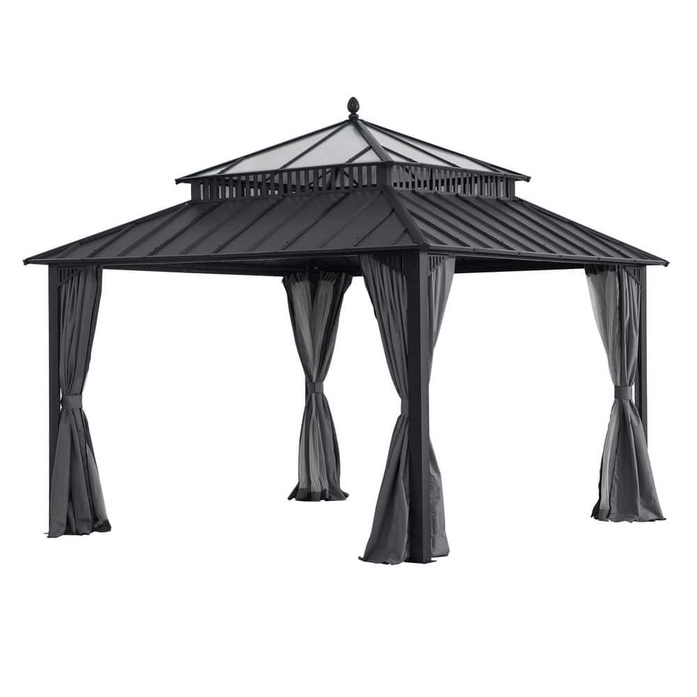 12 ft. x 12 ft. Kingston Extra-Tall, Wide Hardtop Gazebo with PC Roof, Grey Aluminum Frame, Curtains, and Netting price history on PriceWatchPro