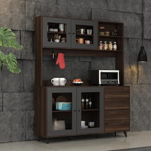 Glass Doors Brown Large Pantry Kitchen Cabinet Buffet With Hutch, 4-Drawers, Hooks 74.8 in. H x 63 in. W x 15.7 in. D