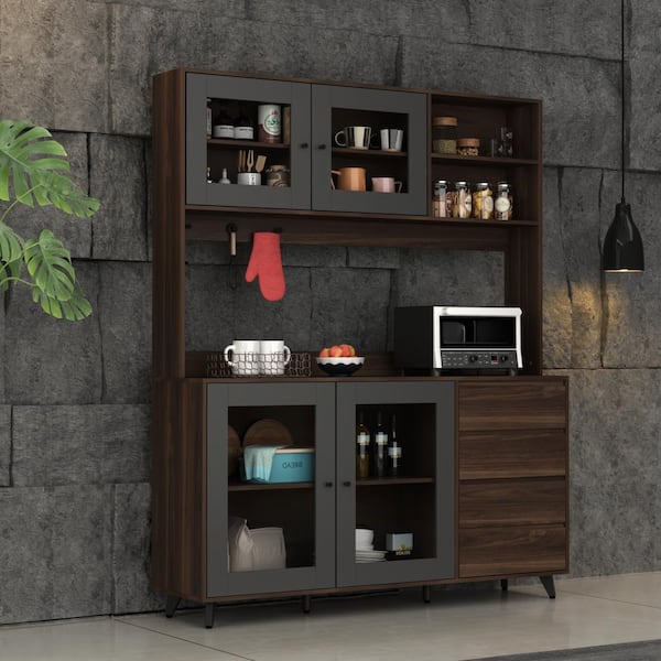 WIAWG Glass Doors Brown Large Pantry Kitchen Cabinet Buffet With Hutch, 4-Drawers, Hooks 74.8 in. H x 63 in. W x 15.7 in. D