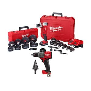 M18 18V Lith-Ion 1/2 in. to 4 in. 6-Ton Cordless Knockout Tool Kit w/ One 2. 0Ah Battery, Hammer Drill, & Step Bit