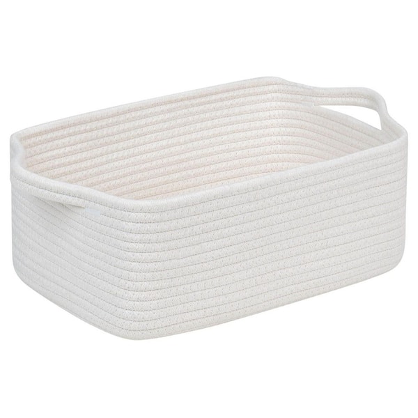 White Cotton Rope Rectangular Basket 14 in. x 10 in. x 5 in. Storage Organizer Bin Decorative Accessory Piece