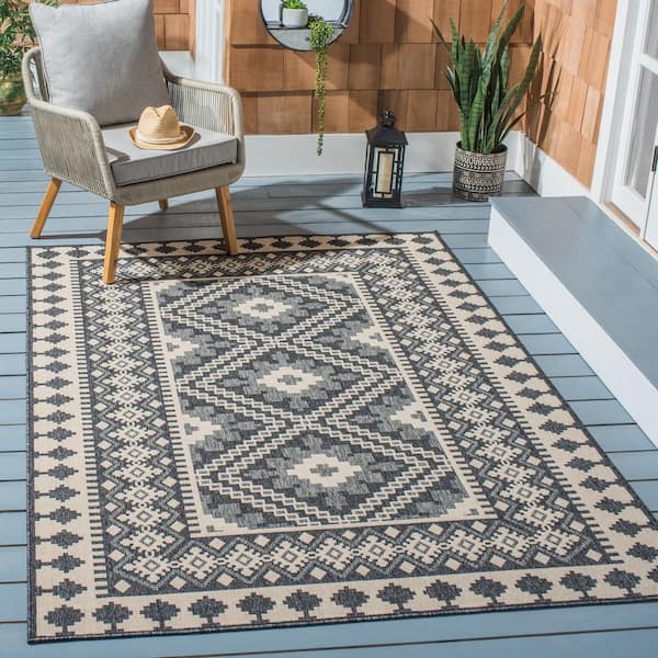 Veranda Ivory/Gray Doormat 3 ft. x 5 ft. Geometric Border Indoor/Outdoor Area Rug