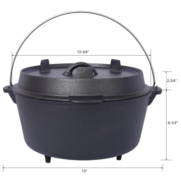 Tileon Round Cast Iron Dutch Oven in Black with Lid, Outdoor