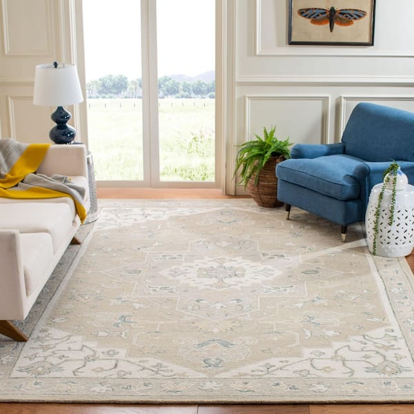 Micro-Loop Light Grey/Ivory 10 ft. x 14 ft. Medallion Border Area Rug
