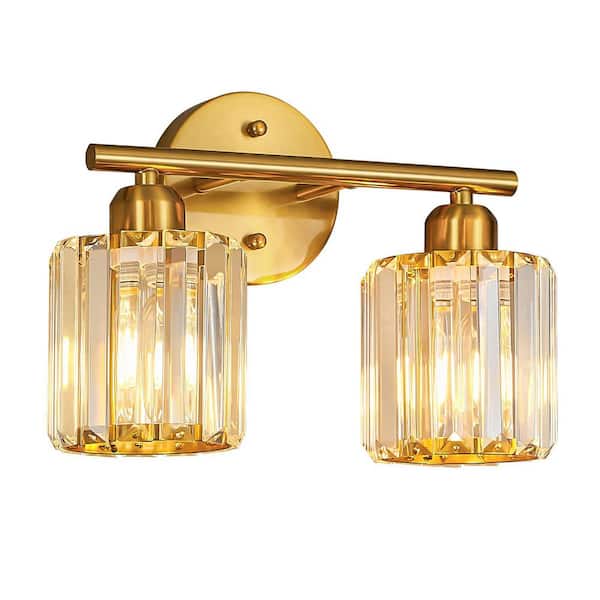 Home Lighting 12.79 in. 2-Light BrushedGold Vertical Bathroom Crystal Vanity Light Over Mirror for Dressing Table Sink