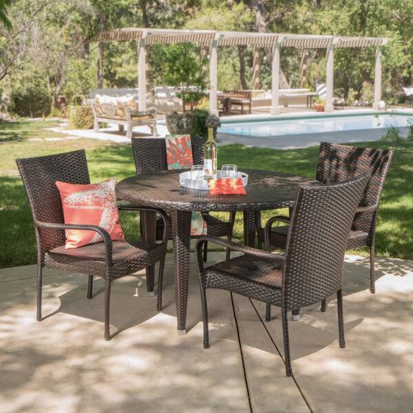 Noble House Marlon Multibrown 5-Piece Plastic Round Outdoor Dining Set with Stackable Chairs