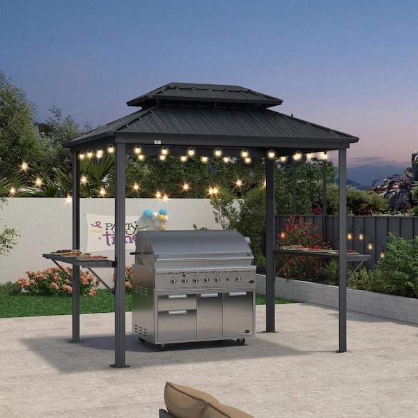 6 ft. x 8 ft. Hardtop Grill Gazebo for Patio Aluminum Barbecue Shelter Gazebo w/Hooks,Shelves Double Tiered 24-Lights