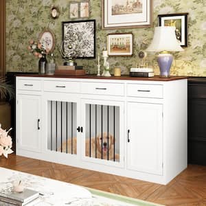 Modern Large Dog Crate with 4-Drawers, Wooden Doghouse Dog Cage Storage Cabinet Medium Small Dogs, White