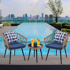 3 Piece Wicker Outdoor Bistro Furniture Set with Glass Coffee Table for Patio, Garden, Backyard, Balcony, Blue Cushions