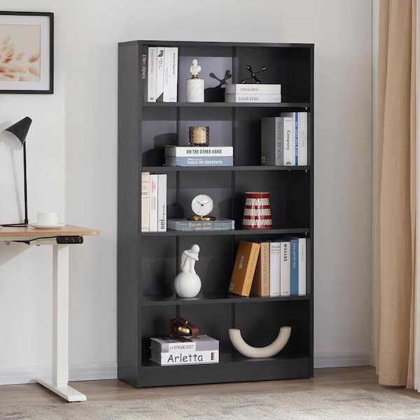 VEIKOUS 72 in. Tall Black Wood 5-Shelf Standard Bookcase with Steel Frame