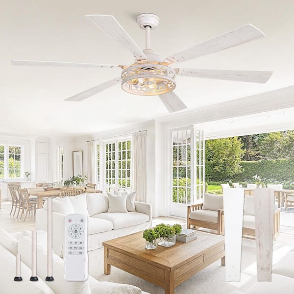 65 in. Indoor White Farmhouse Caged 6-Speed Large Industrial Ceiling Fan with Light Kit and Remote Control