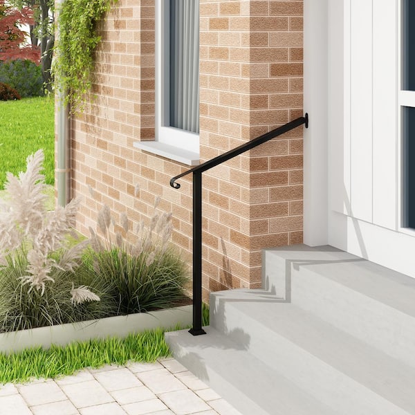 39.4 in. H x 3.3 ft. W Black Iron Single Post Handrail Railing Kit Fits 2 or 3 Steps Outdoor Stair Railing, Black