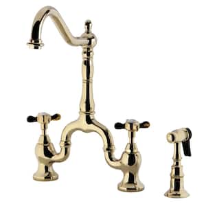Essex Double Handle Deck Mount Bridge Kitchen Faucet with Brass Sprayer in Polished Brass