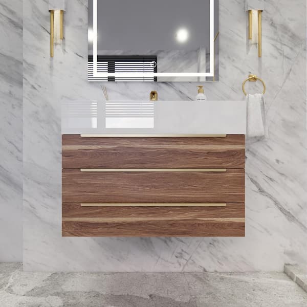 BV Better Vanity Bethany 30 in. W x 20 in. D x 22 in. H Single Sink Floating Bath Vanity in White Oak with White Acrylic Top