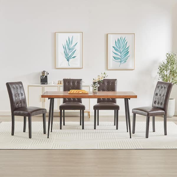 VECELO Upholstered Dining Chairs Set of 4 Coffee Button Leather Back, Wood Legs with Rubber Footpads Kitchen Chairs