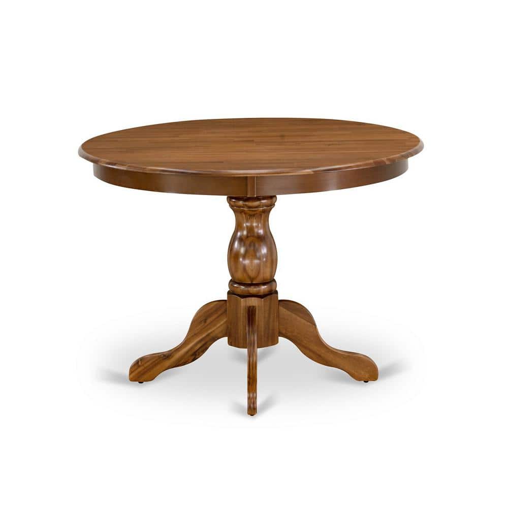 Acacia Walnut Round Pedestal Dining Table Set with Gray Upholstered Chairs