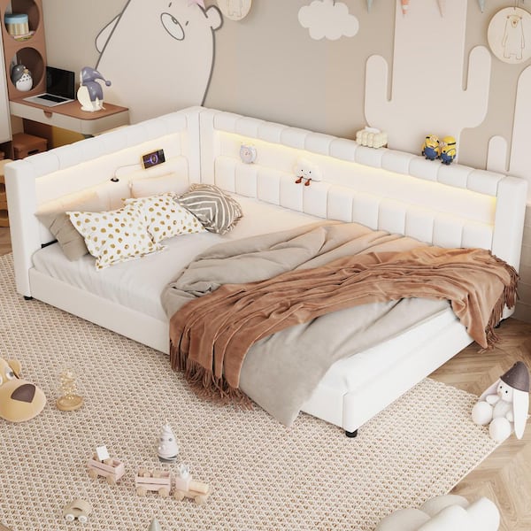 Cream White Wood Frame Full XL Size Platform Bed with USB Ports and Led Belt