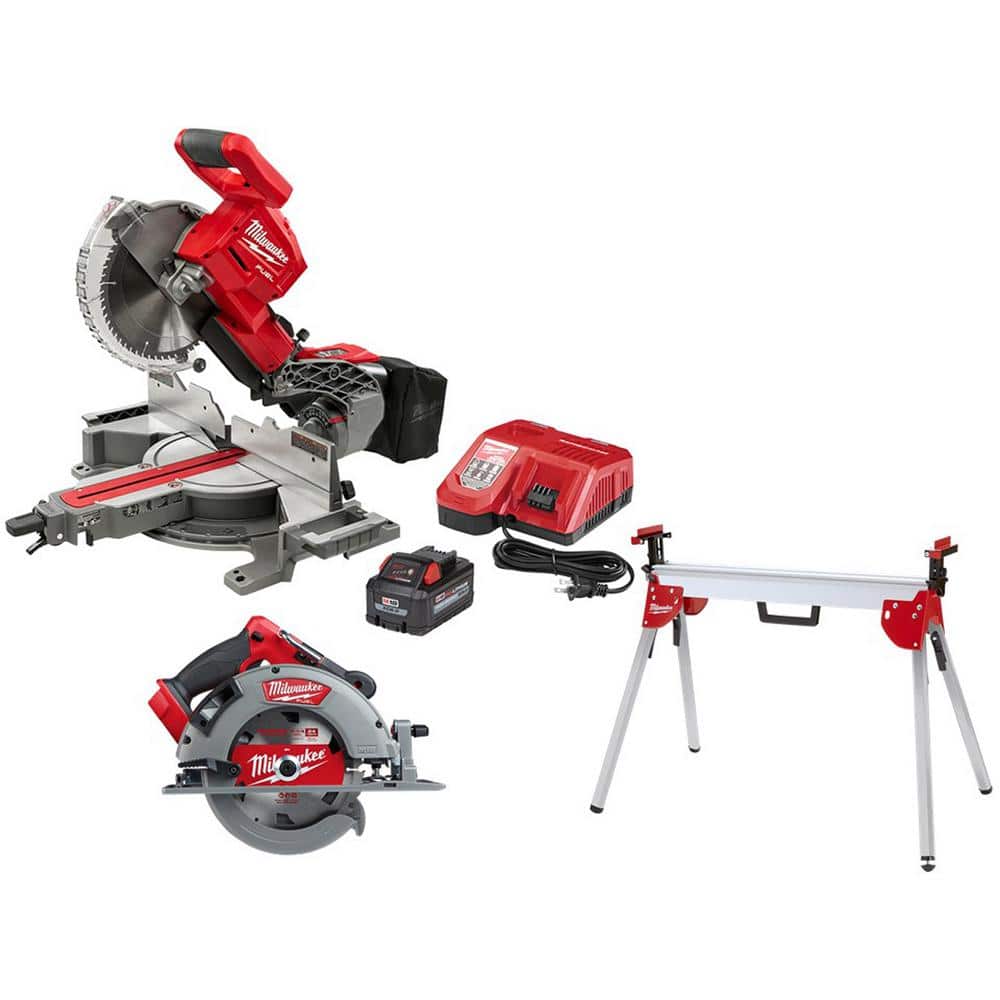 Milwaukee M18 FUEL 18V 10 in. Lithium-Ion Brushless Cordless Dual Bevel Sliding Compound Miter Saw Kit w/ Circular Saw & Stand -  2734-21-c/stand