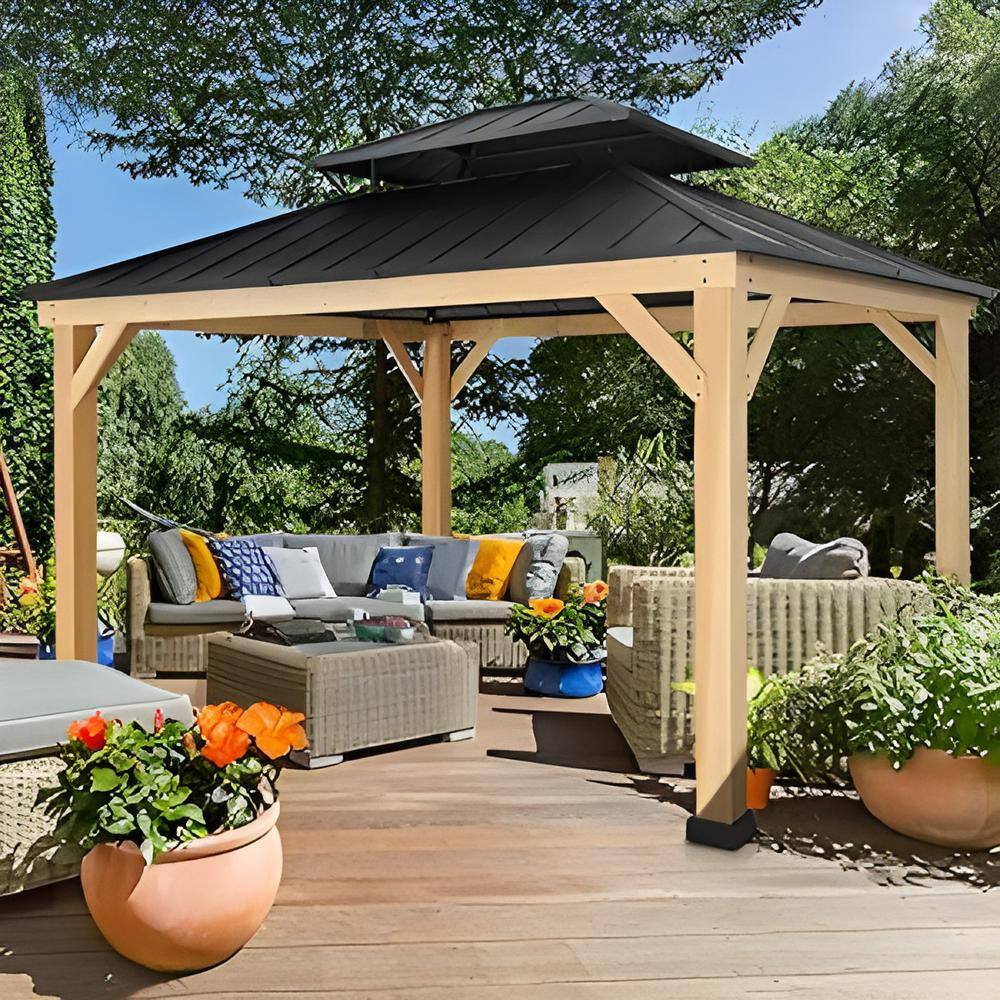 11 ft. x 13 ft. Solid Cedar Wood Gazebo with Dual-Layer Iron Roof, Dual-Tra