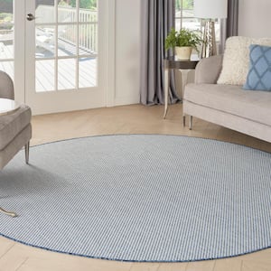 Courtyard Ivory Blue 6 ft. x 6 ft. Round Solid Geometric Contemporary Indoor/Outdoor Area Rug