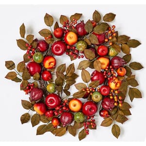 24 in. Artificial Mixed Apple Pomegranate and Leaf Wreath on Natural Twig Base