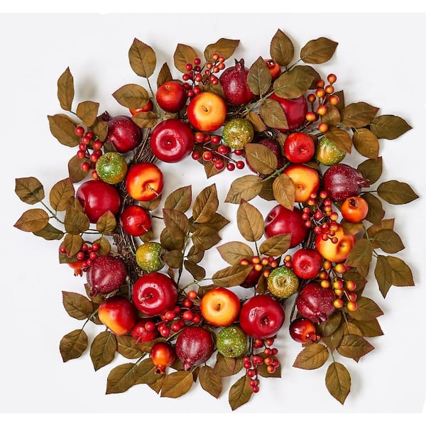 Unbranded 24 in. Artificial Mixed Apple Pomegranate and Leaf Wreath on Natural Twig Base